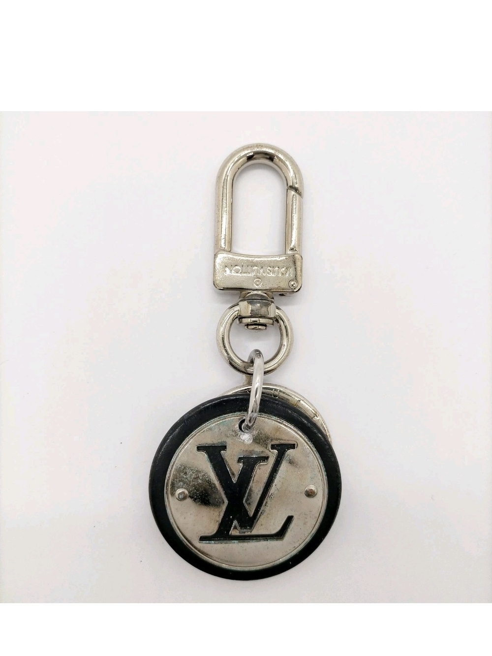 Louis Vuitton Silver LV Round Keychain with Black Enamel